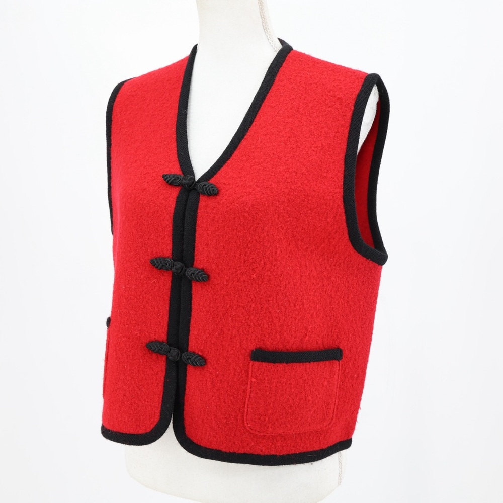 Herman Geist‎ Boiled Wool Vest Women M Red Alpine Trachten Frog Closure